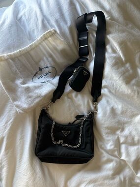 Prada Black Nylon Crossbody Bag with Chain and Strap Pouch
